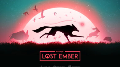 Ein Wolf, umgeben von silhouettenhaften Tieren, vor einer rot scheinenden Sonne. Die Darstellung ist eine Collage, die für das Spiel Lost Ember entworfen wurde.