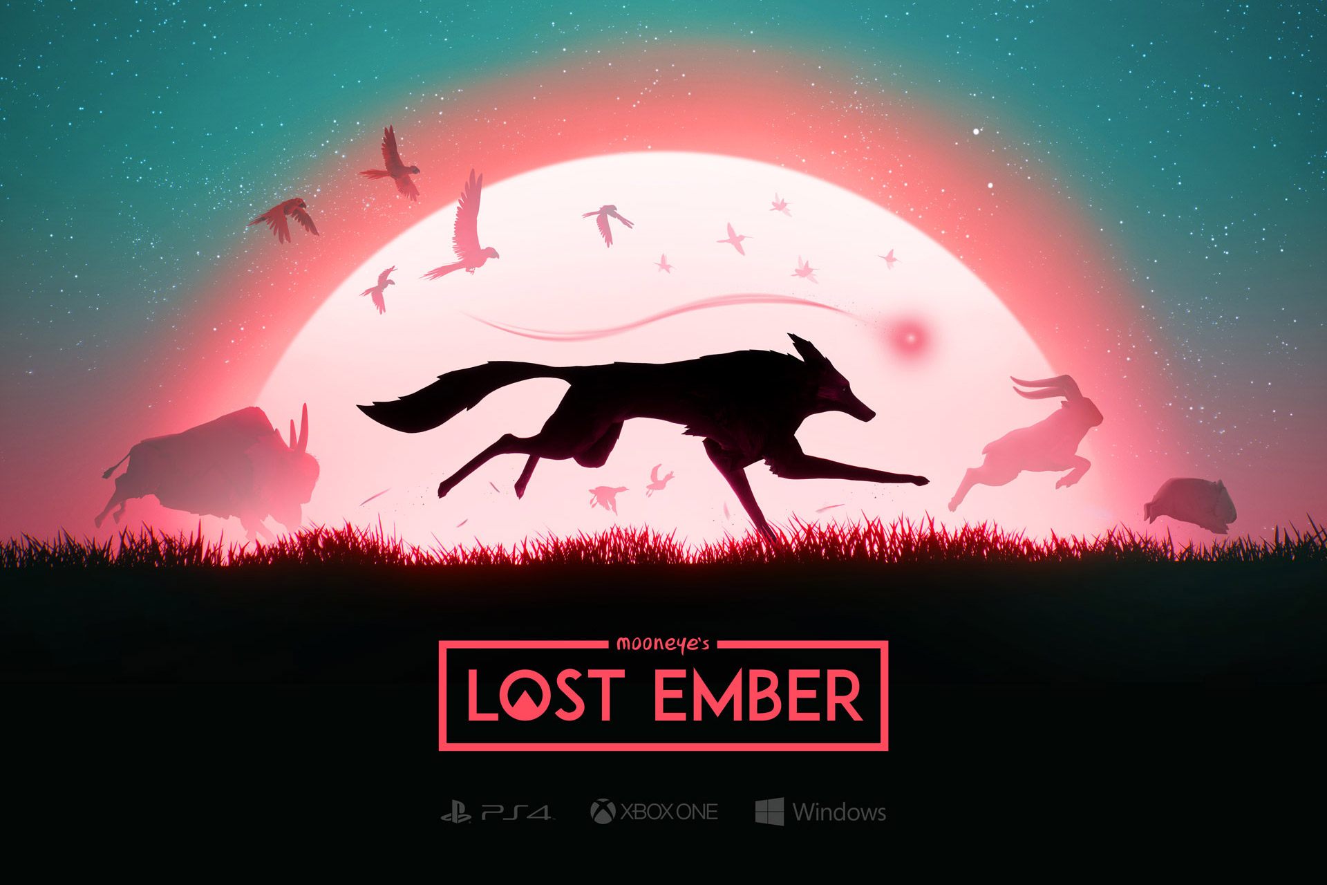 Ein Wolf, umgeben von silhouettenhaften Tieren, vor einer rot scheinenden Sonne. Die Darstellung ist eine Collage, die für das Spiel Lost Ember entworfen wurde.