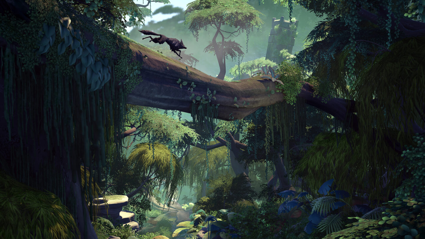Der Wolf überquert einen umgestürzten Baum in einer Dschungellandschaft. Die Darstellung stammt aus dem Spiel Lost Ember.