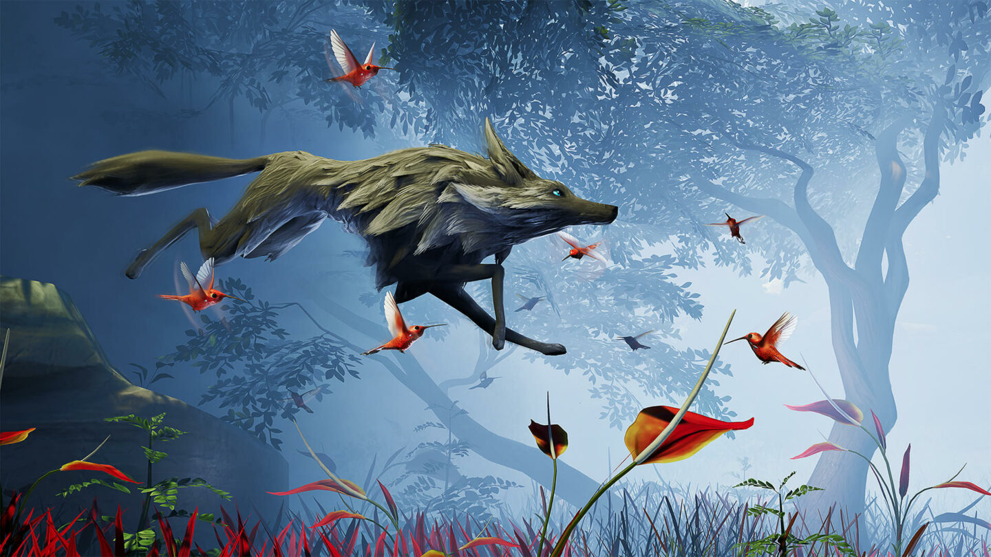 Ein Bild des Wolfs im Sprung. Um ihn herum flattern Kolibris. Die Darstellung stammt aus dem Spiel Lost Ember.