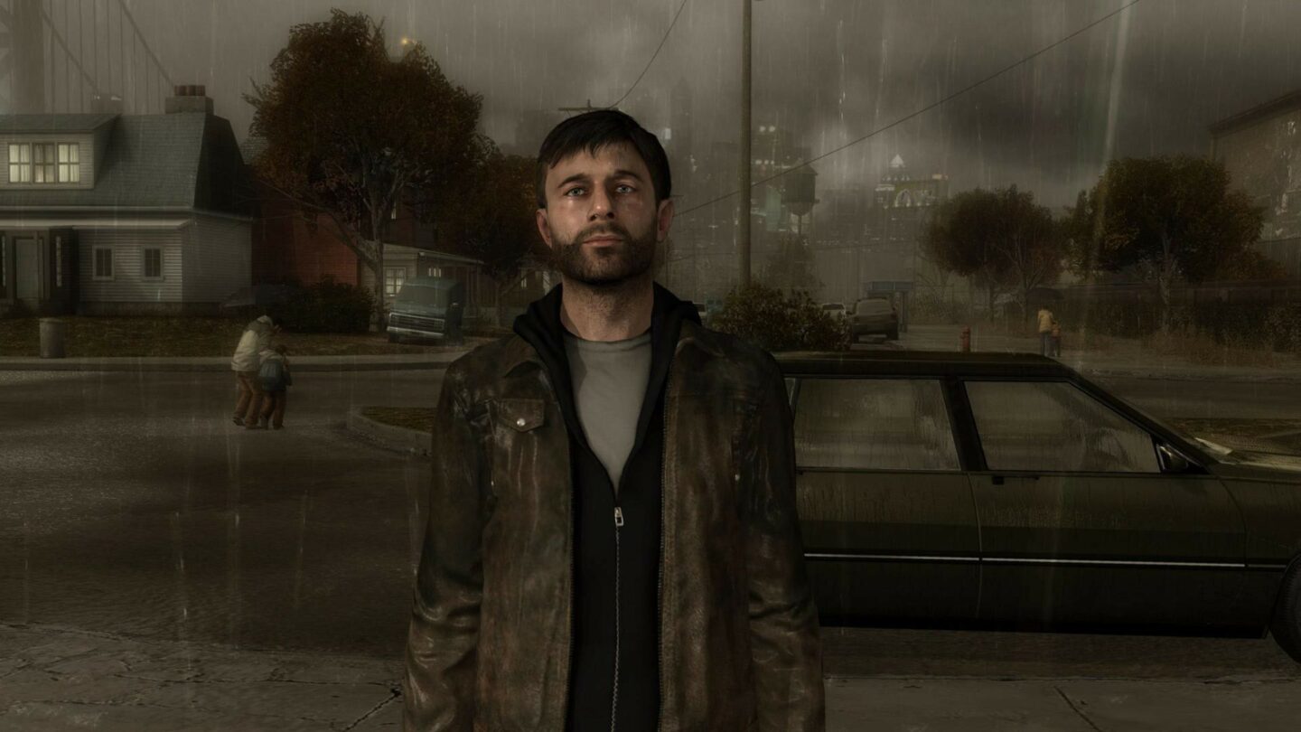 Der Protagonist Ethan aus dem Videospiel Heavy rein steht im strömenden Regen auf einer städtischen Straße und richtet seinen Blick Richtung Kamera.