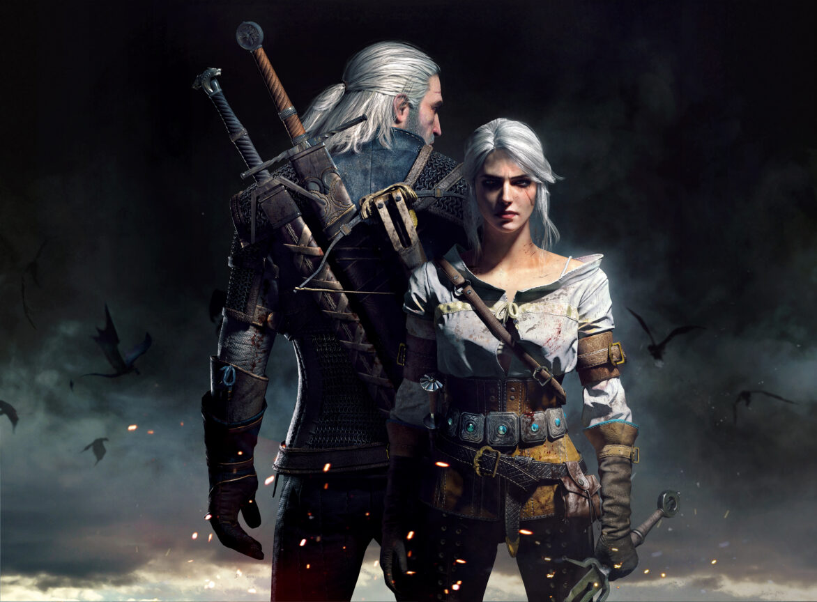 Die Charaktere Geralt und Ciri aus dem Spiel The Witcher 3: Wild Hunt stehen Rücken an Rücken vor einem wolkigen Hintergrund. Ciri blickt in den Zuschauenden direkt an.